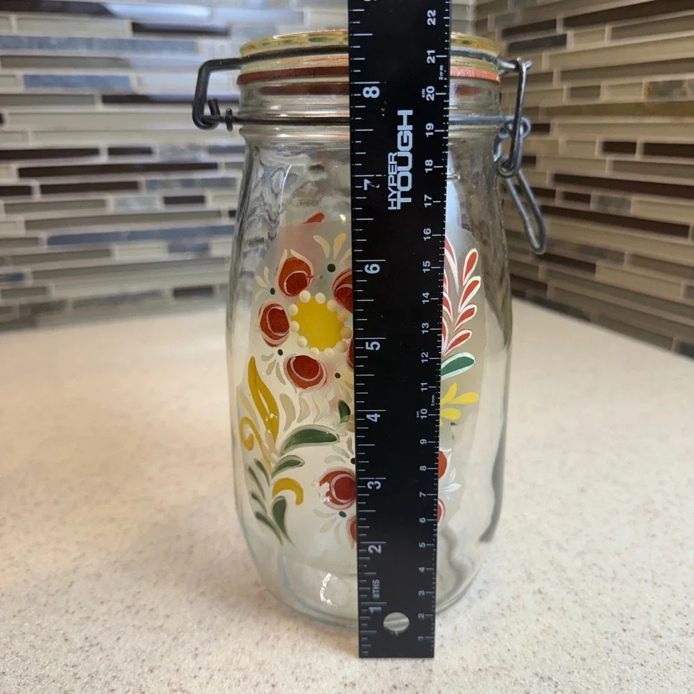 Vintage‎ 1982 Luppino Hand Painted Floral Glass Canister 1.5L Wire Bale Jar